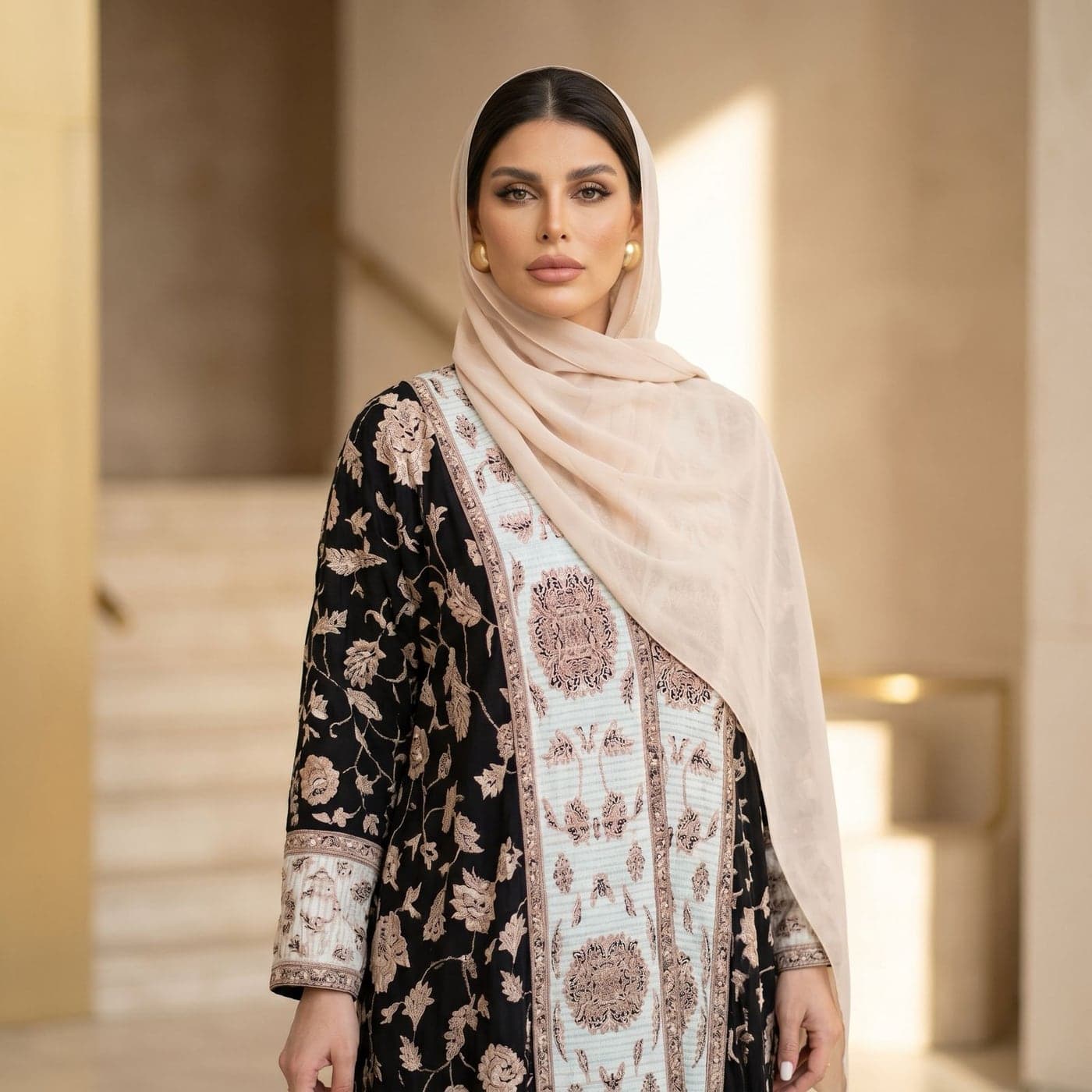 A MAZAL look — a hijab portrait in a warm marble corridor.